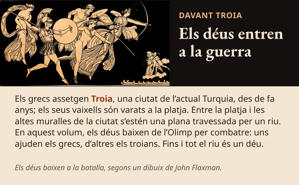 Els déus entren a la guerra. Els grecs assetgen Troia, una ciutat de l’actual Turquia, des de fa anys; els seus vaixells són varats a la platja. Entre la platja i les altes muralles de la ciutat s’estén una plana…