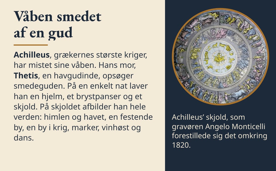 Våben smedet af en gud. Achilleus, grækernes største kriger, har mistet sine våben. Hans mor, Thetis, en havgudinde, opsøger smedeguden. På en enkelt nat laver han en hjelm, et brystpanser og et skjold. På skjoldet…