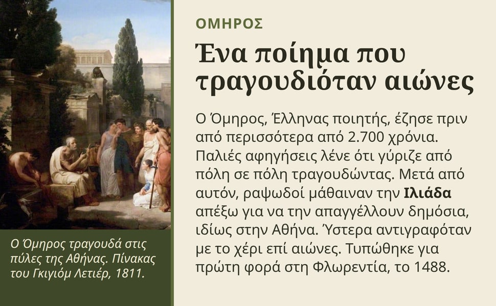 Ένα ποίημα που τραγουδιόταν αιώνες. Ο Όμηρος, Έλληνας ποιητής, έζησε πριν από περισσότερα από 2.700 χρόνια. Παλιές αφηγήσεις λένε ότι γύριζε από πόλη σε πόλη τραγουδώντας. Μετά από αυτόν, ραψωδοί μάθαιναν την Ιλιάδα…