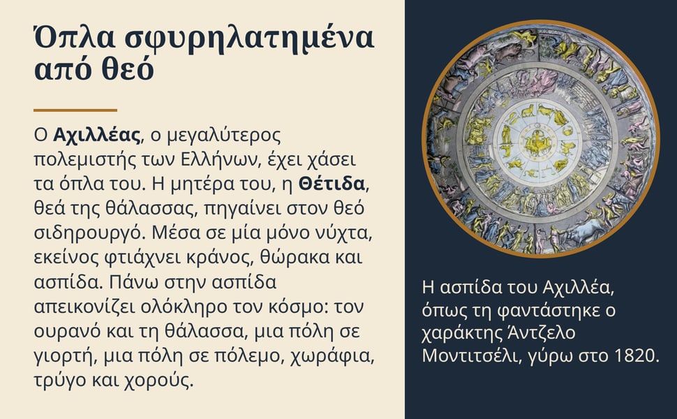 Όπλα σφυρηλατημένα από θεό. Ο Αχιλλέας, ο μεγαλύτερος πολεμιστής των Ελλήνων, έχει χάσει τα όπλα του. Η μητέρα του, η Θέτιδα, θεά της θάλασσας, πηγαίνει στον θεό σιδηρουργό. Μέσα σε μία μόνο νύχτα, εκείνος φτιάχνει…