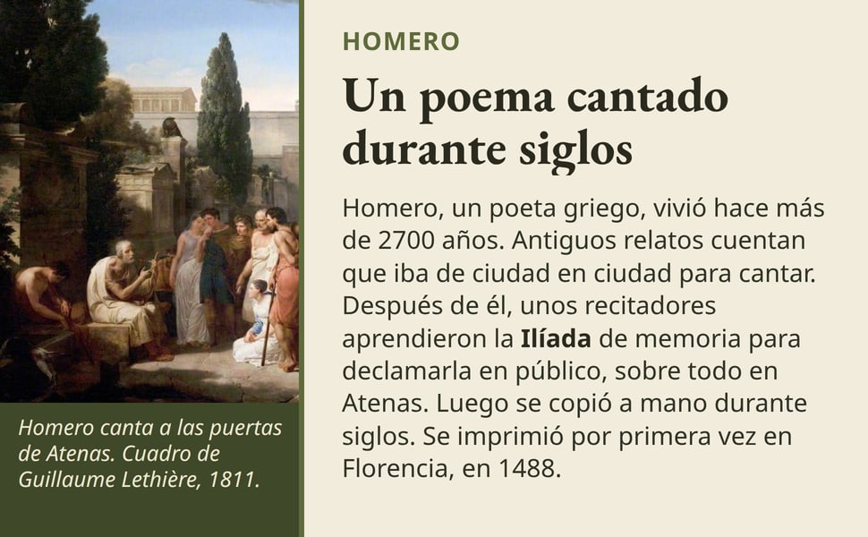 Un poema cantado durante siglos. Homero, un poeta griego, vivió hace más de 2700 años. Antiguos relatos cuentan que iba de ciudad en ciudad para cantar. Después de él, unos recitadores aprendieron la Ilíada de memoria…