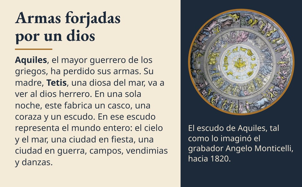 Armas forjadas por un dios. Aquiles, el mayor guerrero de los griegos, ha perdido sus armas. Su madre, Tetis, una diosa del mar, va a ver al dios herrero. En una sola noche, este fabrica un casco, una coraza y un…