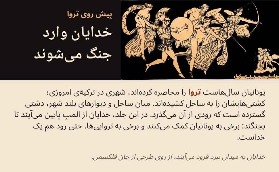 خدایان وارد جنگ می‌شوند. یونانیان سال‌هاست تروا را محاصره کرده‌اند، شهری در ترکیه‌ی امروزی؛ کشتی‌هایشان را به ساحل کشیده‌اند. میان ساحل و دیوارهای بلند شهر، دشتی گسترده است که رودی از آن می‌گذرد. در این جلد، خدایان از…