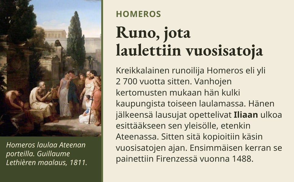 Runo, jota laulettiin vuosisatoja. Kreikkalainen runoilija Homeros eli yli 2 700 vuotta sitten. Vanhojen kertomusten mukaan hän kulki kaupungista toiseen laulamassa. Hänen jälkeensä lausujat opettelivat Iliaan ulkoa…