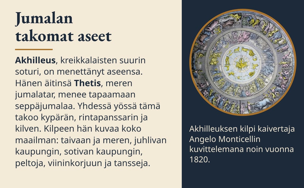 Jumalan takomat aseet. Akhilleus, kreikkalaisten suurin soturi, on menettänyt aseensa. Hänen äitinsä Thetis, meren jumalatar, menee tapaamaan seppäjumalaa. Yhdessä yössä tämä takoo kypärän, rintapanssarin ja kilven.…
