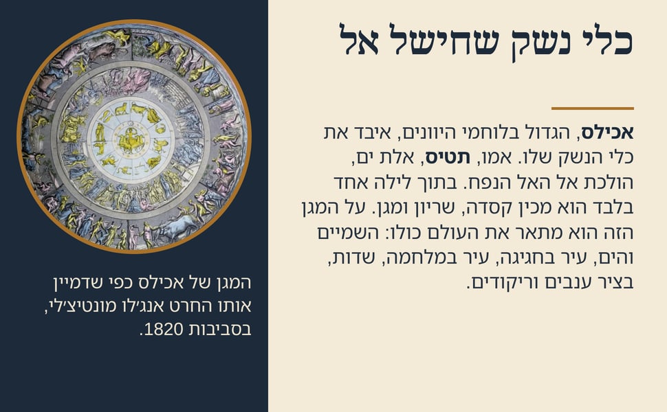 כלי נשק שחישל אל. אכילס, הגדול בלוחמי היוונים, איבד את כלי הנשק שלו. אמו, תטיס, אלת ים, הולכת אל האל הנפח. בתוך לילה אחד בלבד הוא מכין קסדה, שריון ומגן. על המגן הזה הוא מתאר את העולם כולו: השמיים והים, עיר בחגיגה, עיר…