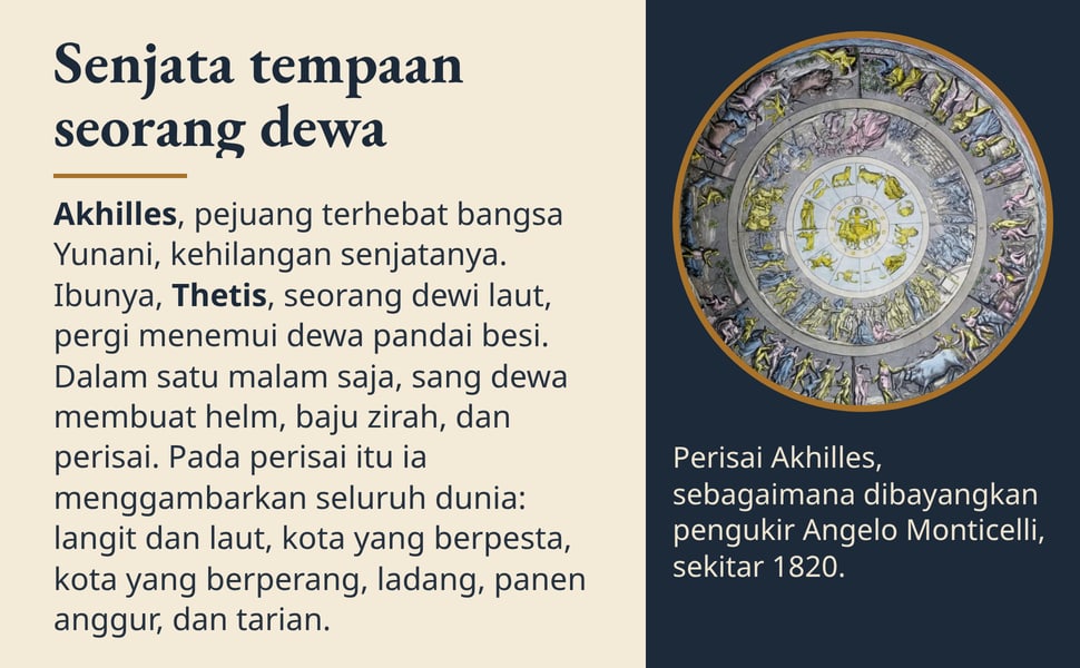 Senjata tempaan seorang dewa. Akhilles, pejuang terhebat bangsa Yunani, kehilangan senjatanya. Ibunya, Thetis, seorang dewi laut, pergi menemui dewa pandai besi. Dalam satu malam saja, sang dewa membuat helm, baju…