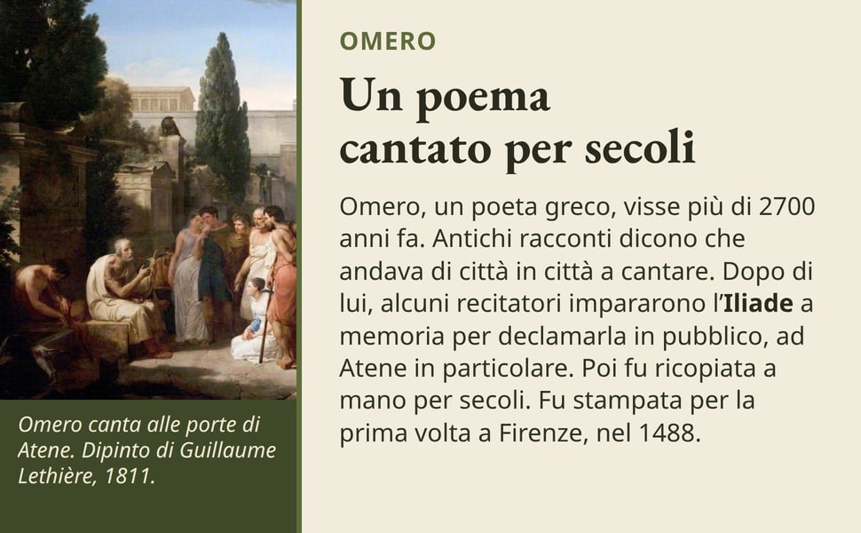 Un poema cantato per secoli. Omero, un poeta greco, visse più di 2700 anni fa. Antichi racconti dicono che andava di città in città a cantare. Dopo di lui, alcuni recitatori impararono l’Iliade a memoria per declamarla…