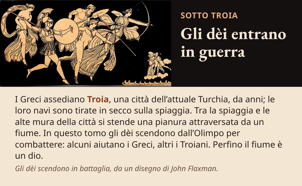 Gli dèi entrano in guerra. I Greci assediano Troia, una città dell’attuale Turchia, da anni; le loro navi sono tirate in secco sulla spiaggia. Tra la spiaggia e le alte mura della città si stende una pianura…