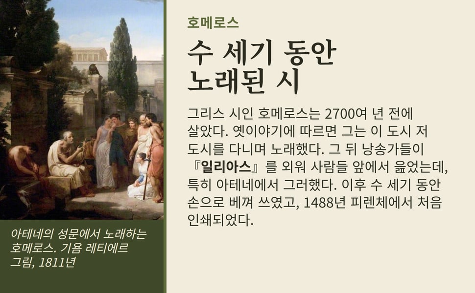 수 세기 동안 노래된 시. 그리스 시인 호메로스는 2700여 년 전에 살았다. 옛이야기에 따르면 그는 이 도시 저 도시를 다니며 노래했다. 그 뒤 낭송가들이 『일리아스』를 외워 사람들 앞에서 읊었는데, 특히 아테네에서 그러했다. 이후 수 세기 동안 손으로 베껴 쓰였고, 1488년 피렌체에서 처음 인쇄되었다.
