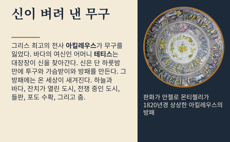 신이 벼려 낸 무구. 그리스 최고의 전사 아킬레우스가 무구를 잃었다. 바다의 여신인 어머니 테티스는 대장장이 신을 찾아간다. 신은 단 하룻밤 만에 투구와 가슴받이와 방패를 만든다. 그 방패에는 온 세상이 새겨진다. 하늘과 바다, 잔치가 열린 도시, 전쟁 중인 도시, 들판, 포도 수확, 그리고 춤.