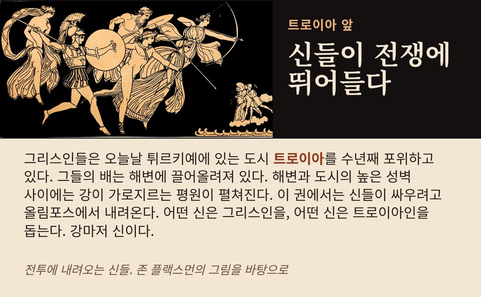 신들이 전쟁에 뛰어들다. 그리스인들은 오늘날 튀르키예에 있는 도시 트로이아를 수년째 포위하고 있다. 그들의 배는 해변에 끌어올려져 있다. 해변과 도시의 높은 성벽 사이에는 강이 가로지르는 평원이 펼쳐진다. 이 권에서는 신들이 싸우려고 올림포스에서 내려온다. 어떤 신은 그리스인을, 어떤 신은 트로이아인을 돕는다. 강마저 신이다.