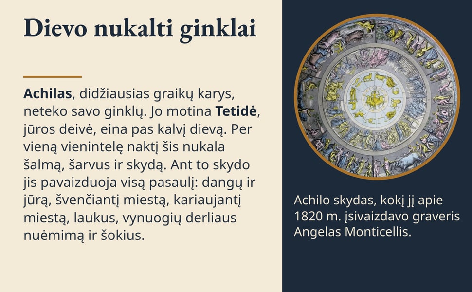 Dievo nukalti ginklai. Achilas, didžiausias graikų karys, neteko savo ginklų. Jo motina Tetidė, jūros deivė, eina pas kalvį dievą. Per vieną vienintelę naktį šis nukala šalmą, šarvus ir skydą. Ant to skydo jis…