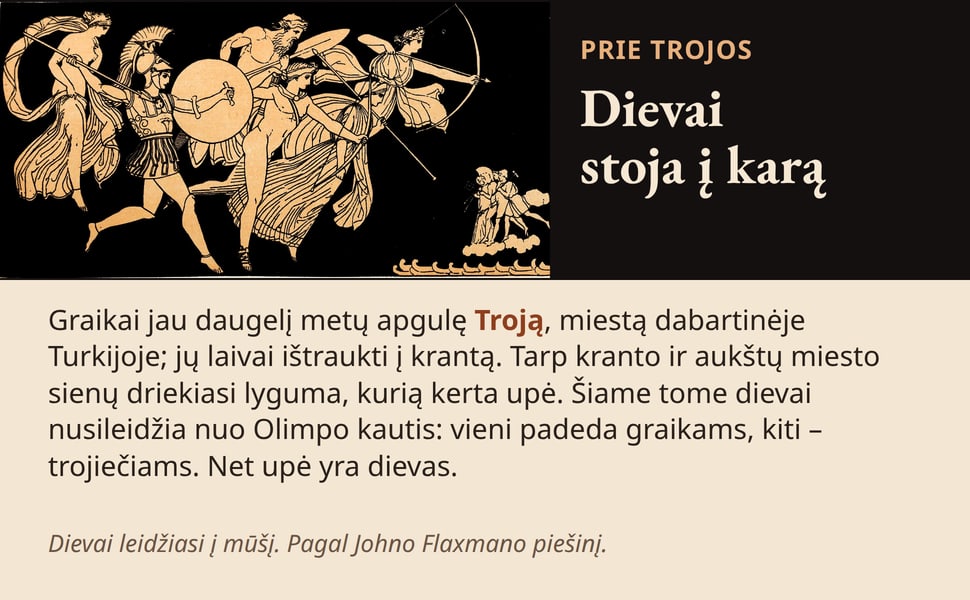 Dievai stoja į karą. Graikai jau daugelį metų apgulę Troją, miestą dabartinėje Turkijoje; jų laivai ištraukti į krantą. Tarp kranto ir aukštų miesto sienų driekiasi lyguma, kurią kerta upė. Šiame tome dievai…