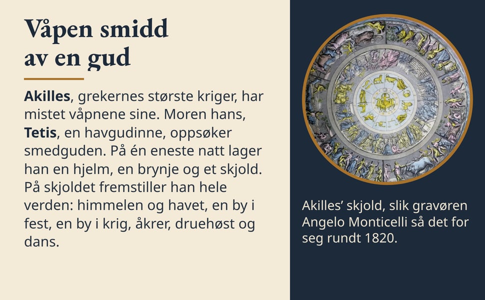 Våpen smidd av en gud. Akilles, grekernes største kriger, har mistet våpnene sine. Moren hans, Tetis, en havgudinne, oppsøker smedguden. På én eneste natt lager han en hjelm, en brynje og et skjold. På skjoldet…