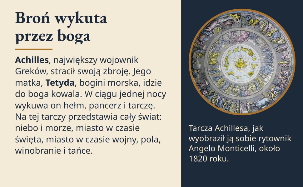 Broń wykuta przez boga. Achilles, największy wojownik Greków, stracił swoją zbroję. Jego matka, Tetyda, bogini morska, idzie do boga kowala. W ciągu jednej nocy wykuwa on hełm, pancerz i tarczę. Na tej tarczy…