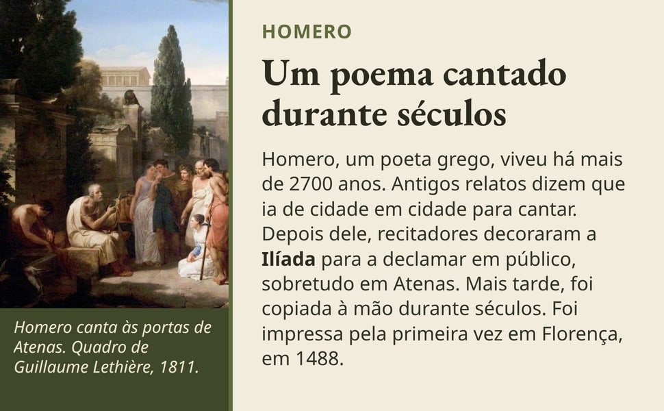 Um poema cantado durante séculos. Homero, um poeta grego, viveu há mais de 2700 anos. Antigos relatos dizem que ia de cidade em cidade para cantar. Depois dele, recitadores decoraram a Ilíada para a declamar em…