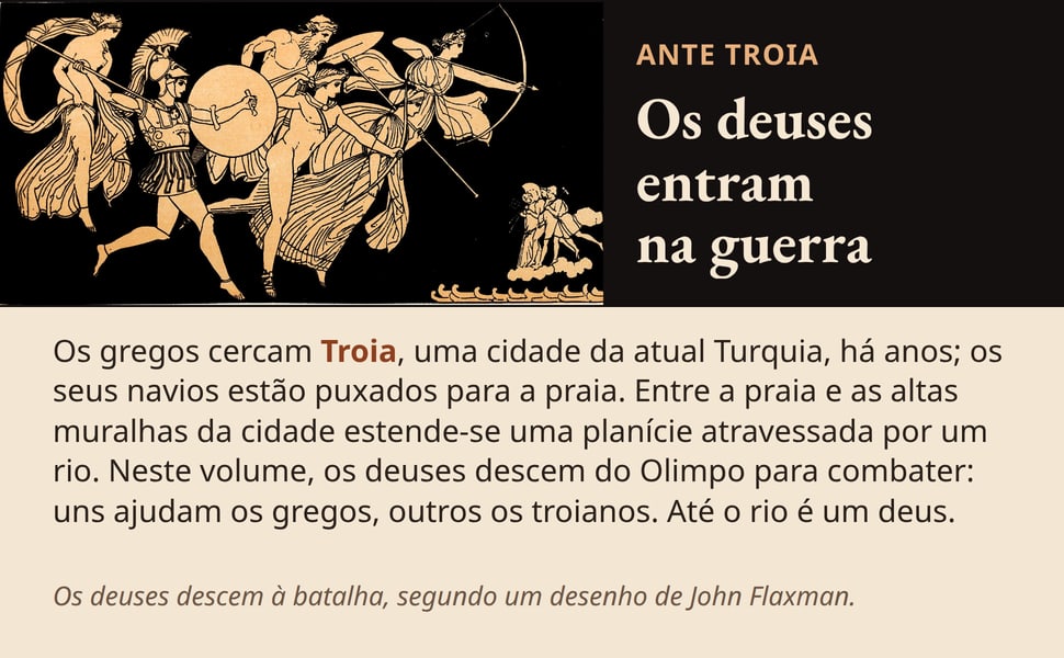 Os deuses entram na guerra. Os gregos cercam Troia, uma cidade da atual Turquia, há anos; os seus navios estão puxados para a praia. Entre a praia e as altas muralhas da cidade estende-se uma planície atravessada por…