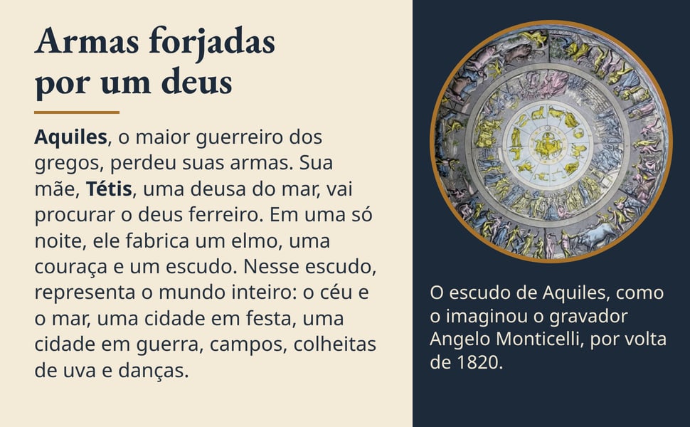 Armas forjadas por um deus. Aquiles, o maior guerreiro dos gregos, perdeu suas armas. Sua mãe, Tétis, uma deusa do mar, vai procurar o deus ferreiro. Em uma só noite, ele fabrica um elmo, uma couraça e um escudo. Nesse…