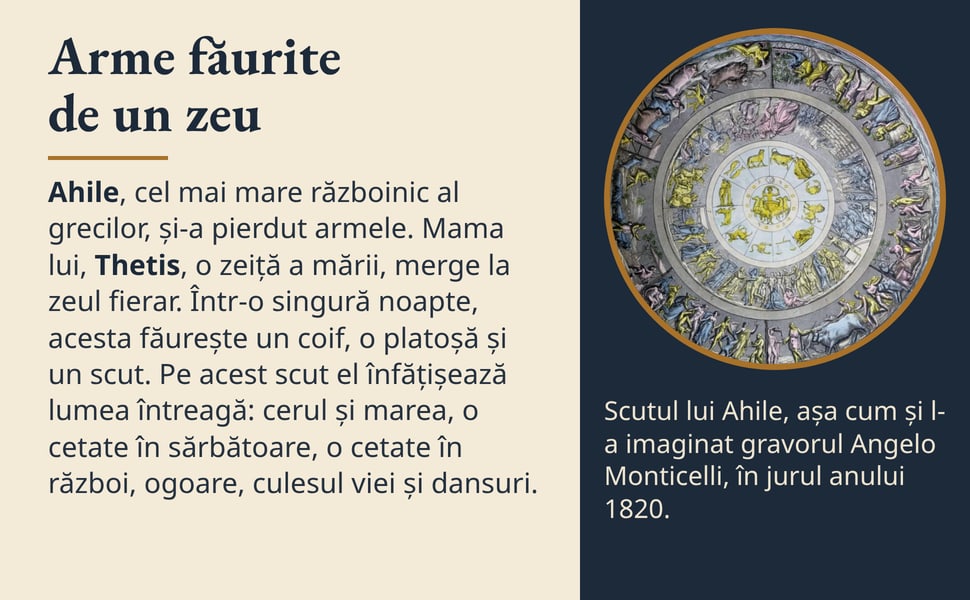 Arme făurite de un zeu. Ahile, cel mai mare războinic al grecilor, și-a pierdut armele. Mama lui, Thetis, o zeiță a mării, merge la zeul fierar. Într-o singură noapte, acesta făurește un coif, o platoșă și un scut. Pe…