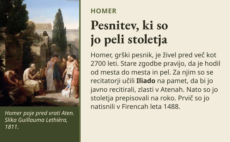 Pesnitev, ki so jo peli stoletja. Homer, grški pesnik, je živel pred več kot 2700 leti. Stare zgodbe pravijo, da je hodil od mesta do mesta in pel. Za njim so se recitatorji učili Iliado na pamet, da bi jo javno…