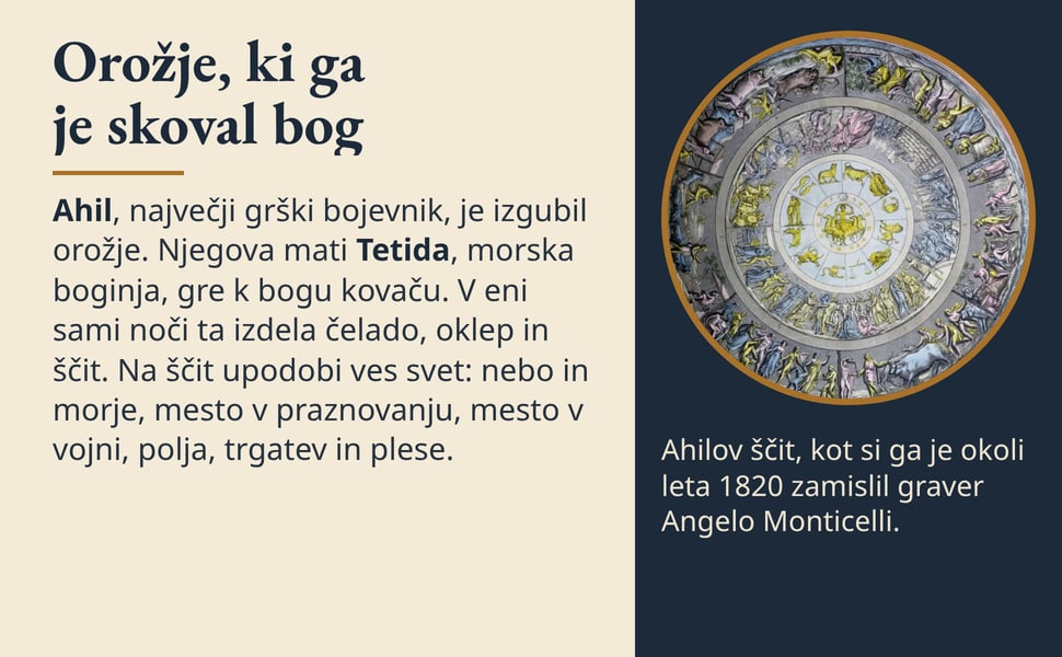 Orožje, ki ga je skoval bog. Ahil, največji grški bojevnik, je izgubil orožje. Njegova mati Tetida, morska boginja, gre k bogu kovaču. V eni sami noči ta izdela čelado, oklep in ščit. Na ščit upodobi ves svet: nebo in…