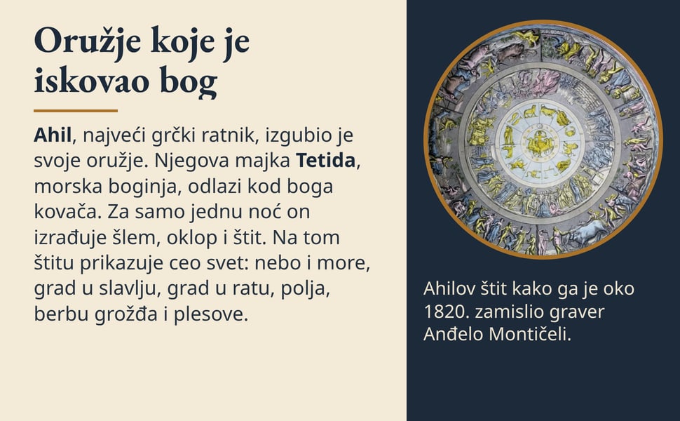 Oružje koje je iskovao bog. Ahil, najveći grčki ratnik, izgubio je svoje oružje. Njegova majka Tetida, morska boginja, odlazi kod boga kovača. Za samo jednu noć on izrađuje šlem, oklop i štit. Na tom štitu prikazuje…