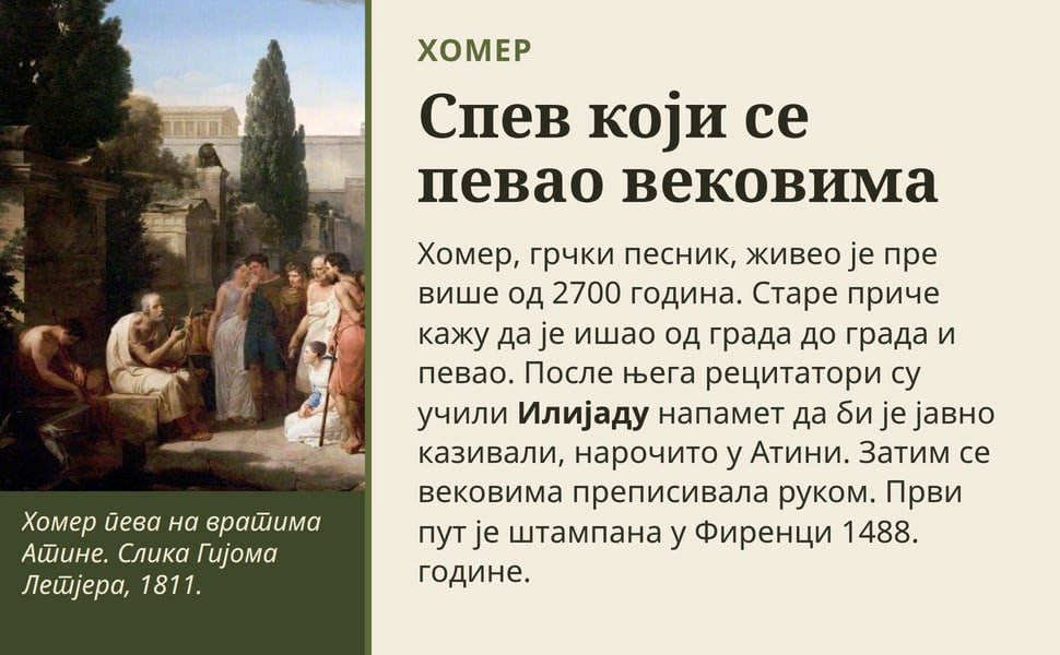 Спев који се певао вековима. Хомер, грчки песник, живео је пре више од 2700 година. Старе приче кажу да је ишао од града до града и певао. После њега рецитатори су учили Илијаду напамет да би је јавно казивали…