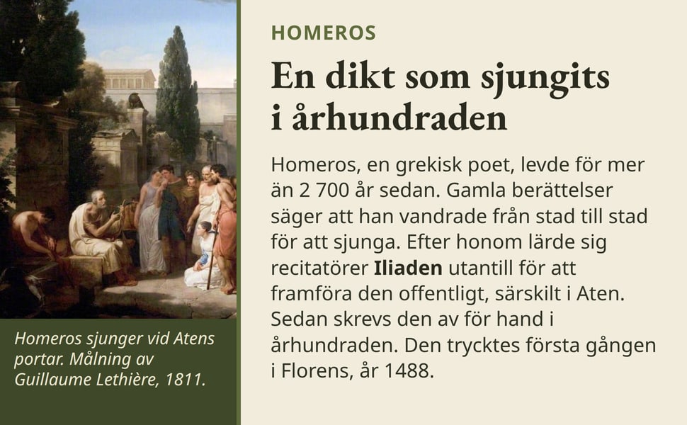 En dikt som sjungits i århundraden. Homeros, en grekisk poet, levde för mer än 2 700 år sedan. Gamla berättelser säger att han vandrade från stad till stad för att sjunga. Efter honom lärde sig recitatörer Iliaden…