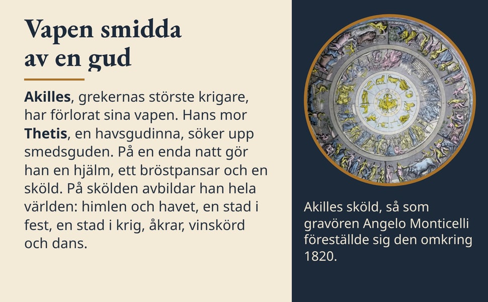 Vapen smidda av en gud. Akilles, grekernas störste krigare, har förlorat sina vapen. Hans mor Thetis, en havsgudinna, söker upp smedsguden. På en enda natt gör han en hjälm, ett bröstpansar och en sköld. På skölden…