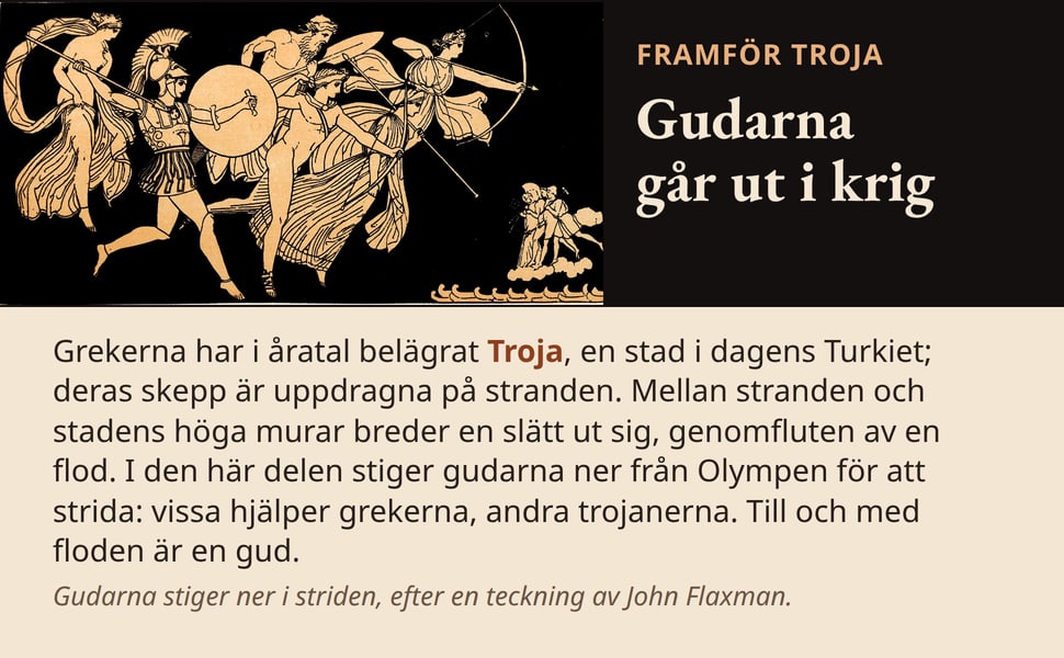 Gudarna går ut i krig. Grekerna har i åratal belägrat Troja, en stad i dagens Turkiet; deras skepp är uppdragna på stranden. Mellan stranden och stadens höga murar breder en slätt ut sig, genomfluten av en flod. I den…