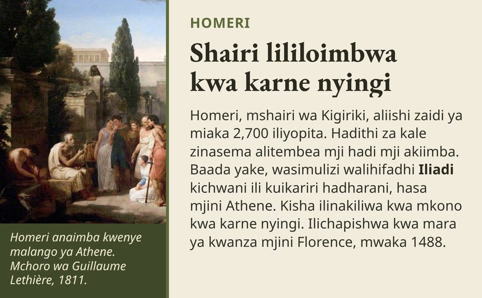Shairi lililoimbwa kwa karne nyingi. Homeri, mshairi wa Kigiriki, aliishi zaidi ya miaka 2,700 iliyopita. Hadithi za kale zinasema alitembea mji hadi mji akiimba. Baada yake, wasimulizi walihifadhi Iliadi kichwani ili…