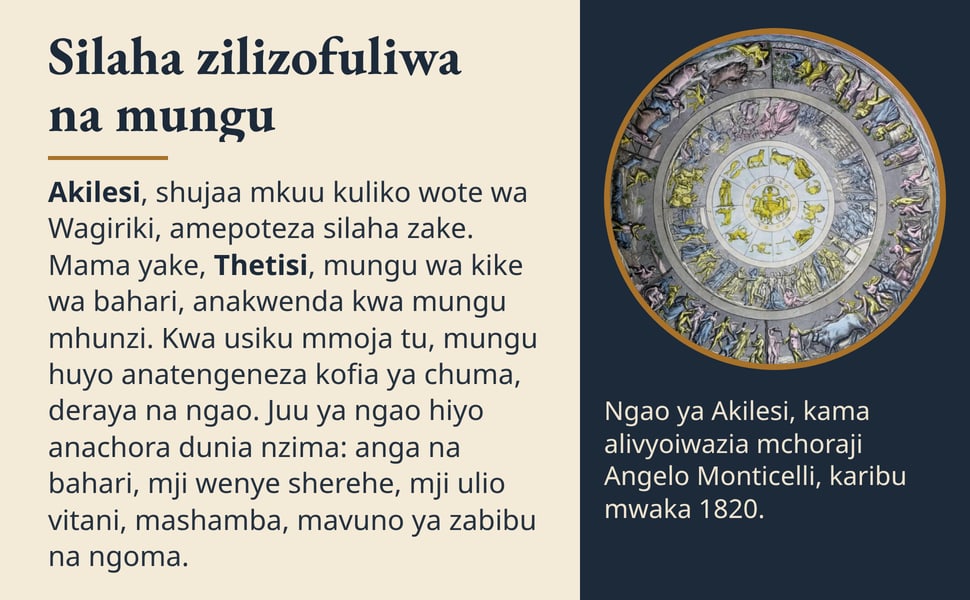 Silaha zilizofuliwa na mungu. Akilesi, shujaa mkuu kuliko wote wa Wagiriki, amepoteza silaha zake. Mama yake, Thetisi, mungu wa kike wa bahari, anakwenda kwa mungu mhunzi. Kwa usiku mmoja tu, mungu huyo anatengeneza…