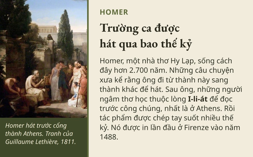 Trường ca được hát qua bao thế kỷ. Homer, một nhà thơ Hy Lạp, sống cách đây hơn 2.700 năm. Những câu chuyện xưa kể rằng ông đi từ thành này sang thành khác để hát. Sau ông, những người ngâm thơ học thuộc lòng I-li-át…