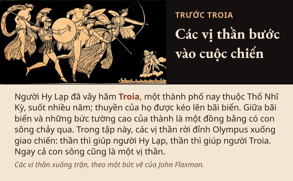 Các vị thần bước vào cuộc chiến. Người Hy Lạp đã vây hãm Troia, một thành phố nay thuộc Thổ Nhĩ Kỳ, suốt nhiều năm; thuyền của họ được kéo lên bãi biển. Giữa bãi biển và những bức tường cao của thành là một đồng bằng…