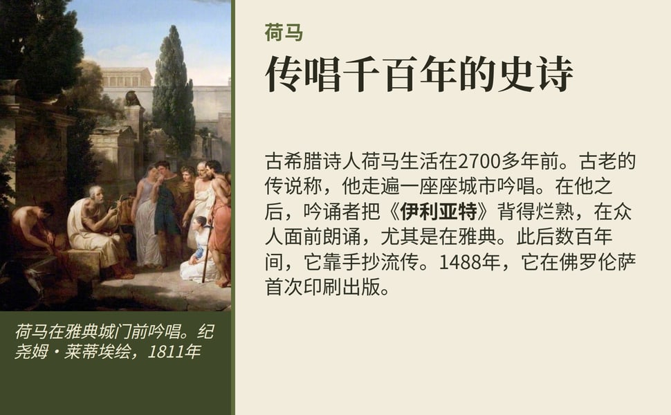 传唱千百年的史诗。古希腊诗人荷马生活在2700多年前。古老的传说称，他走遍一座座城市吟唱。在他之后，吟诵者把《伊利亚特》背得烂熟，在众人面前朗诵，尤其是在雅典。此后数百年间，它靠手抄流传。1488年，它在佛罗伦萨首次印刷出版。