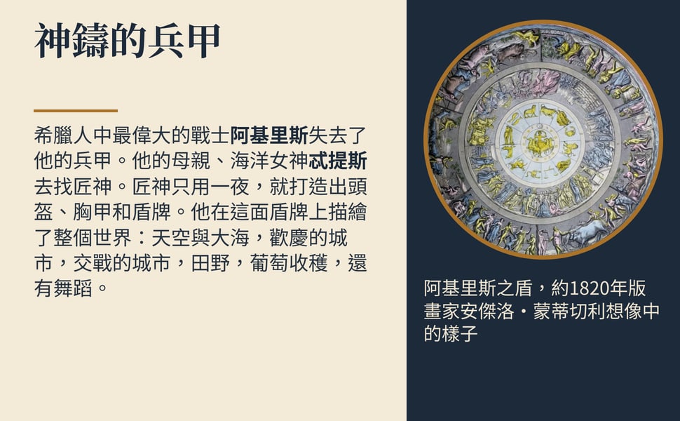 神鑄的兵甲。希臘人中最偉大的戰士阿基里斯失去了他的兵甲。他的母親、海洋女神忒提斯去找匠神。匠神只用一夜,就打造出頭盔、胸甲和盾牌。他在這面盾牌上描繪了整個世界:天空與大海,歡慶的城市,交戰的城市,田野,葡萄收穫,還有舞蹈。