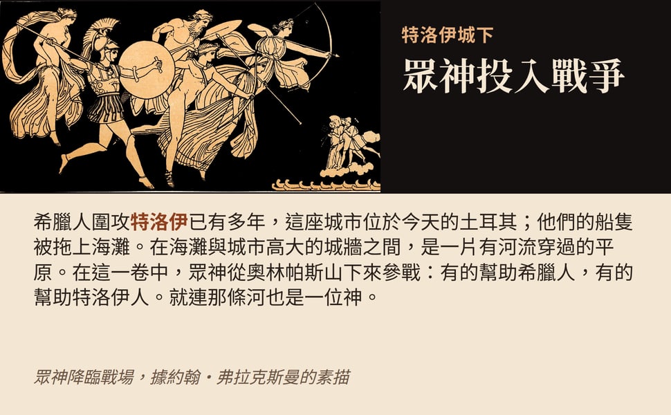 眾神投入戰爭。希臘人圍攻特洛伊已有多年,這座城市位於今天的土耳其;他們的船隻被拖上海灘。在海灘與城市高大的城牆之間,是一片有河流穿過的平原。在這一卷中,眾神從奧林帕斯山下來參戰:有的幫助希臘人,有的幫助特洛伊人。就連那條河也是一位神。