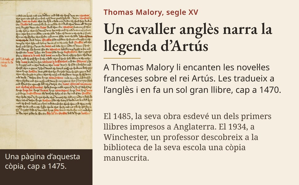 Un cavaller anglès narra la llegenda d’Artús. A Thomas Malory li encanten les novel·les franceses sobre el rei Artús. Les tradueix a l’anglès i en fa un sol gran llibre, cap a 1470.