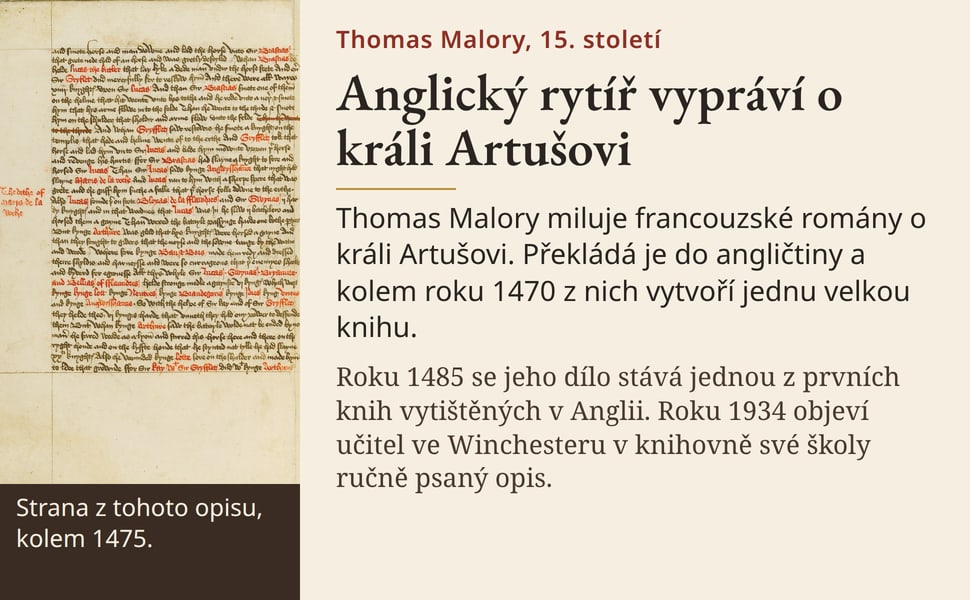 Anglický rytíř vypráví o králi Artušovi. Thomas Malory miluje francouzské romány o králi Artušovi. Překládá je do angličtiny a kolem roku 1470 z nich vytvoří jednu velkou knihu.
