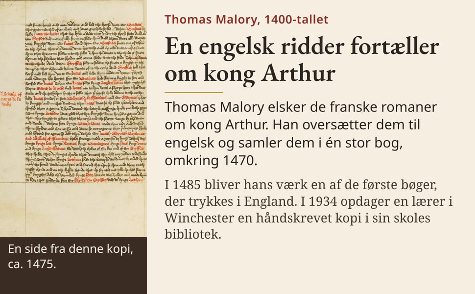En engelsk ridder fortæller om kong Arthur. Thomas Malory elsker de franske romaner om kong Arthur. Han oversætter dem til engelsk og samler dem i én stor bog, omkring 1470.