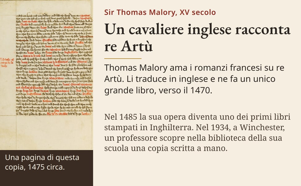 Un cavaliere inglese racconta re Artù. Thomas Malory ama i romanzi francesi su re Artù. Li traduce in inglese e ne fa un unico grande libro, verso il 1470.