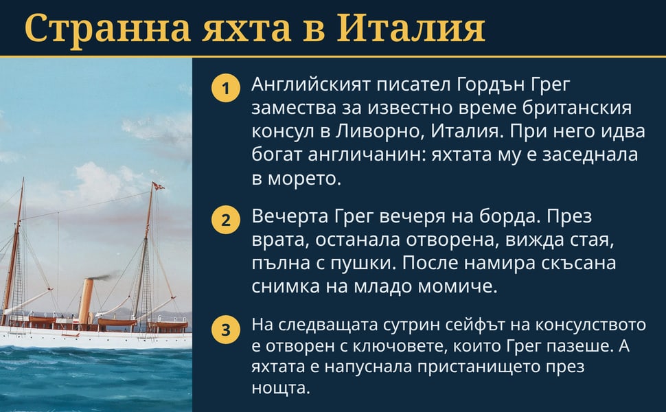 Странна яхта в Италия. Английският писател Гордън Грег замества за известно време британския консул в Ливорно, Италия. При него идва богат англичанин: яхтата му е заседнала в морето.