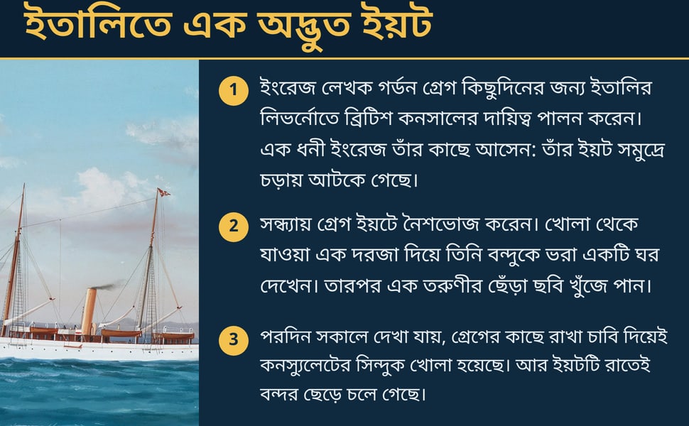 ইতালিতে এক অদ্ভুত ইয়ট. ইংরেজ লেখক গর্ডন গ্রেগ কিছুদিনের জন্য ইতালির লিভর্নোতে ব্রিটিশ কনসালের দায়িত্ব পালন করেন। এক ধনী ইংরেজ তাঁর কাছে আসেন: তাঁর ইয়ট সমুদ্রে চড়ায় আটকে গেছে।.