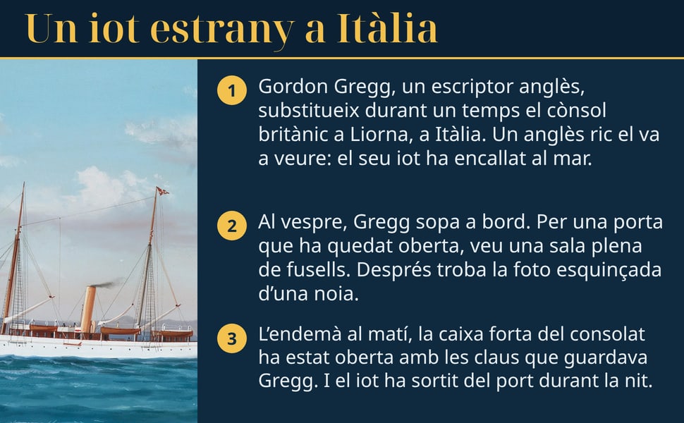 Un iot estrany a Itàlia. Gordon Gregg, un escriptor anglès, substitueix durant un temps el cònsol britànic a Liorna, a Itàlia. Un anglès ric el va a veure: el seu iot ha encallat al mar.