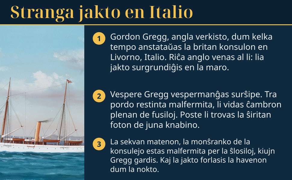 Stranga jakto en Italio. Gordon Gregg, angla verkisto, dum kelka tempo anstataŭas la britan konsulon en Livorno, Italio. Riĉa anglo venas al li: lia jakto surgrundiĝis en la maro.