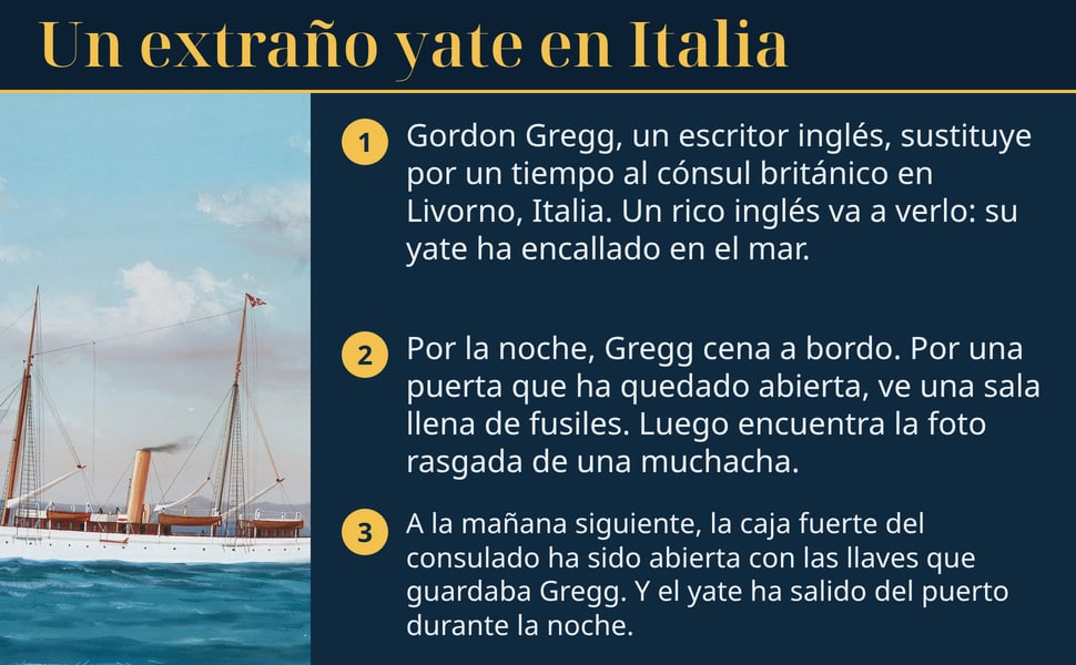 Un extraño yate en Italia. Gordon Gregg, un escritor inglés, sustituye por un tiempo al cónsul británico en Livorno, Italia. Un rico inglés va a verlo: su yate ha encallado en el mar.