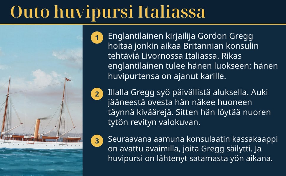 Outo huvipursi Italiassa. Englantilainen kirjailija Gordon Gregg hoitaa jonkin aikaa Britannian konsulin tehtäviä Livornossa Italiassa. Rikas englantilainen tulee hänen luokseen: hänen huvipurtensa on ajanut karille.