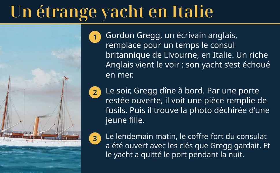 Un étrange yacht en Italie. Gordon Gregg, un écrivain anglais, remplace pour un temps le consul britannique de Livourne, en Italie. Un riche Anglais vient le voir : son yacht s’est échoué en mer. Le soir, Gregg dîne à bord. Par une porte restée ouverte, il voit une pièce remplie de fusils. Puis il trouve la photo déchirée d’une jeune fille. Le lendemain matin, le coffre-fort du consulat a été ouvert avec les clés que Gregg gardait. Et le yacht a quitté le port pendant la nuit.