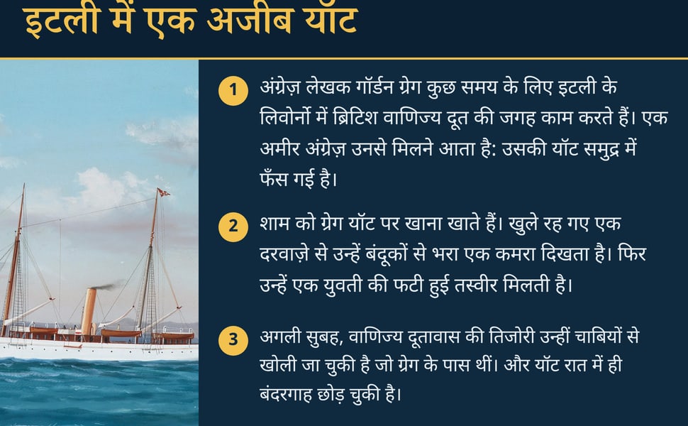 इटली में एक अजीब यॉट. अंग्रेज़ लेखक गॉर्डन ग्रेग कुछ समय के लिए इटली के लिवोर्नो में ब्रिटिश वाणिज्य दूत की जगह काम करते हैं। एक अमीर अंग्रेज़ उनसे मिलने आता है: उसकी यॉट समुद्र में फँस गई है।.